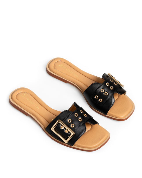Sandalia Plana Negra Mule Hebilla 884